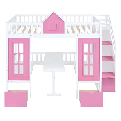 Full-Over-Full Bunk Bed with Changeable Table, Pink