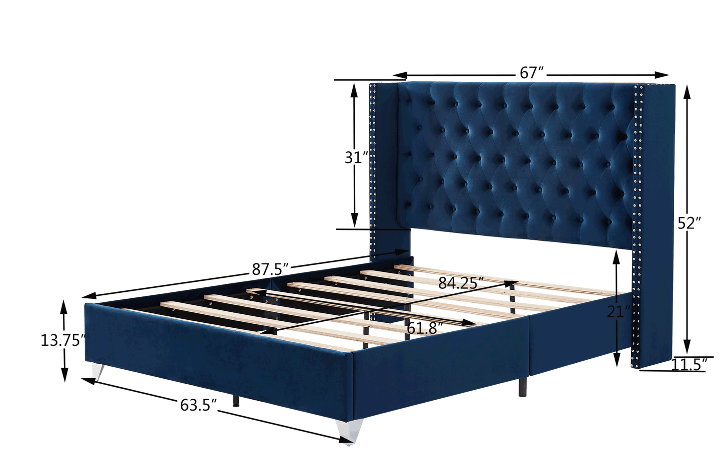 mox upholstered queen bed+ metal legs with electroplate