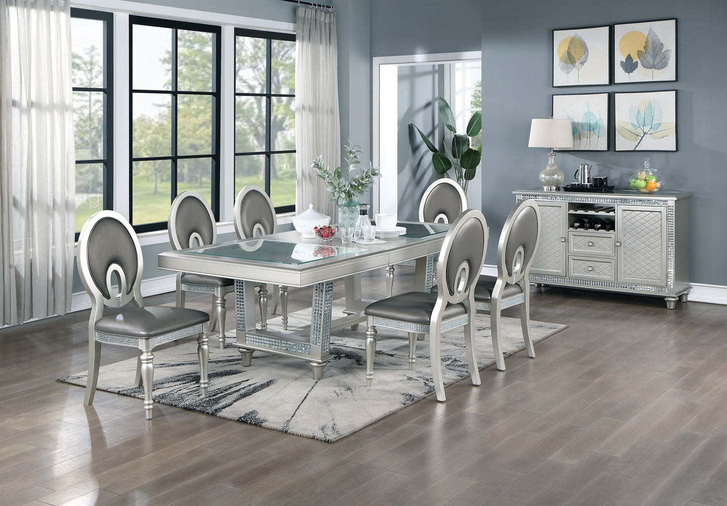 leaf silver hue glass top dining table