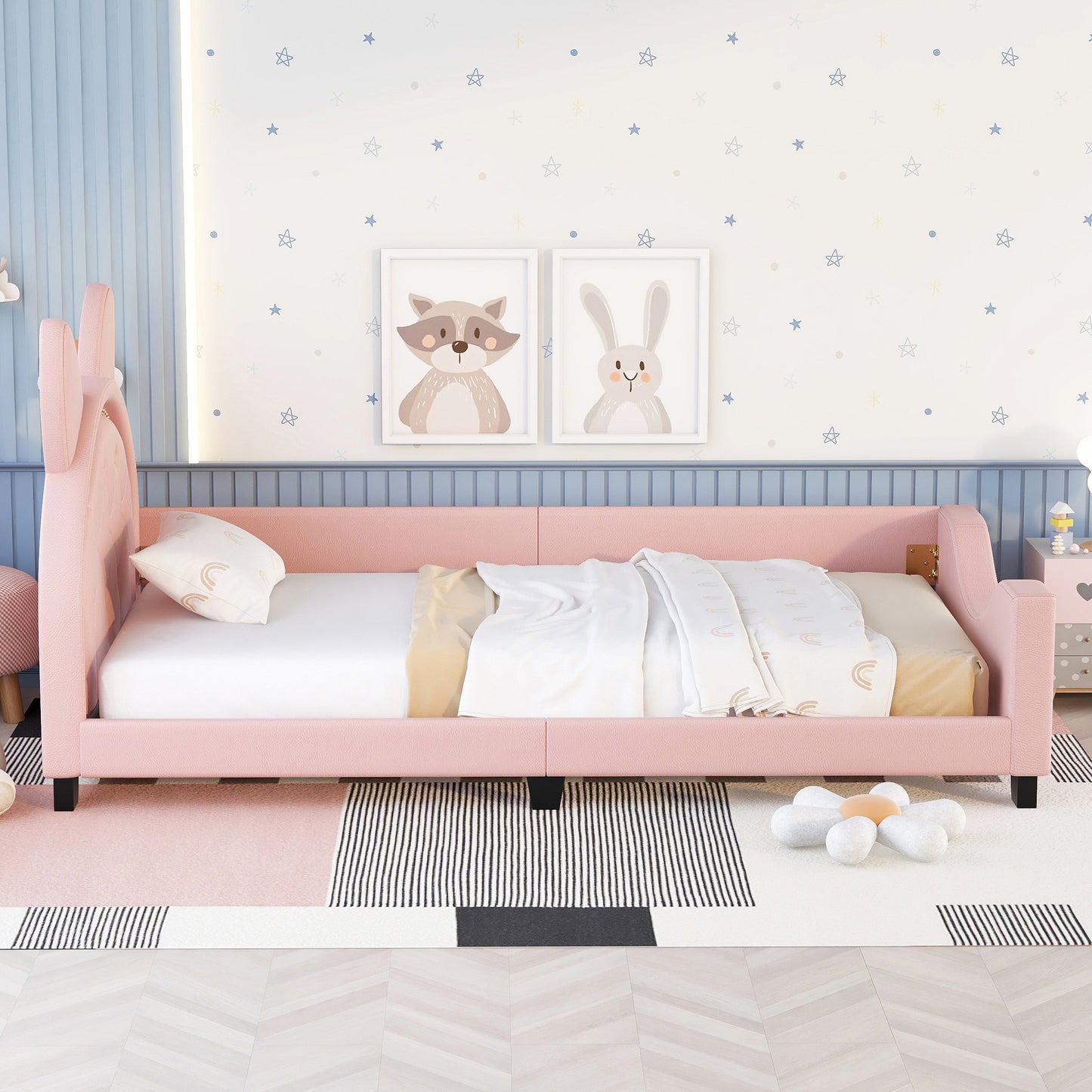 upholstered daybed with carton ears shaped headboard, pink
