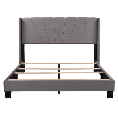 Queen Size Velvet Upholstered Platform Bed, Grey