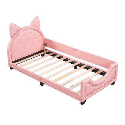 Upholstered Daybed with Carton Ears Shaped Headboard, Pink