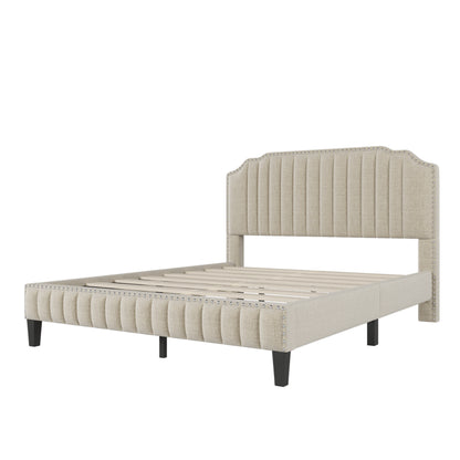 Modern Linen Curved Upholstered Platform Bed, Beige