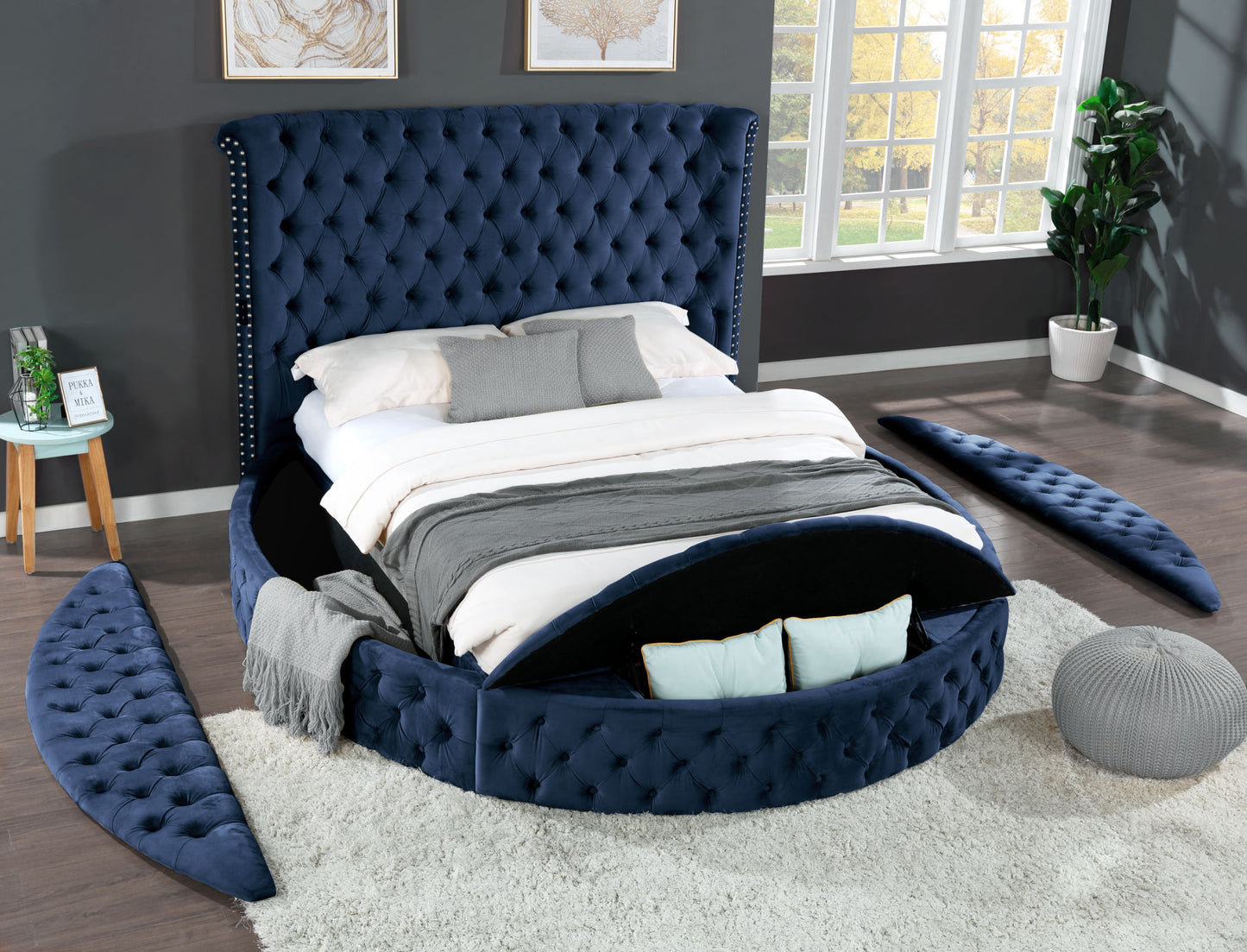 hazel queen size tufted storage bed made with wood in blue