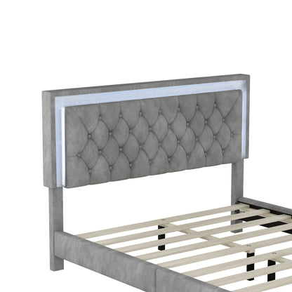 3-Pieces Upholstered Platform Bed with LED Lights and Two Nightstands-Gray