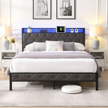 Queen Bed Frame with Storage Headboard, Charging Station and LED Lights,Dark Gray