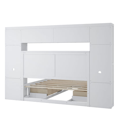 Elegant and Functional Bed with 4 Drawers and All-in-One Cabinet and Shelf, White