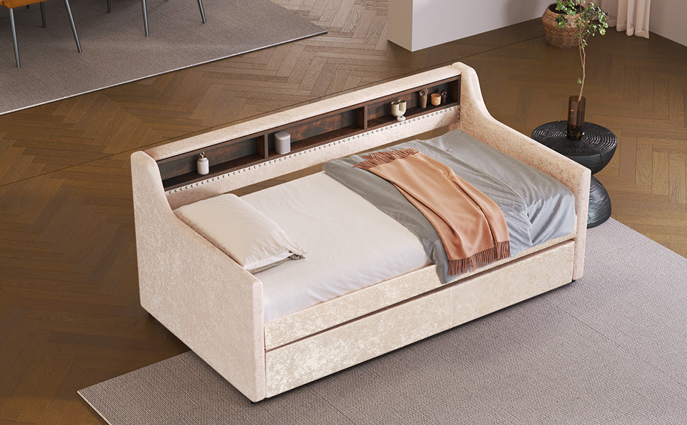 twin size snowflake velvet bed with built-in storage shelves, beige