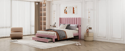 Velvet Upholstered Platform Bed with a Big Drawer - Pink