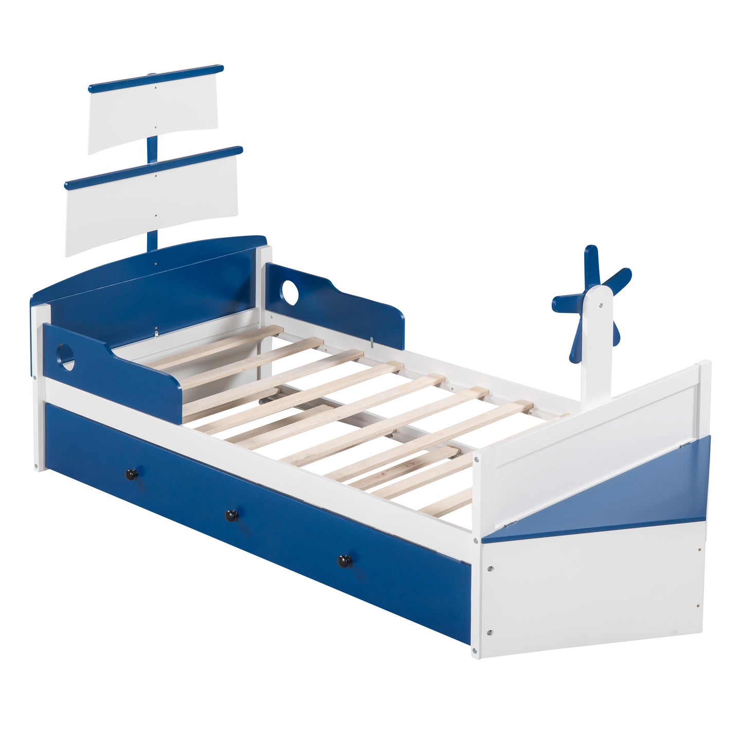 boat-shaped  bed with twin size trundle & storage, blue