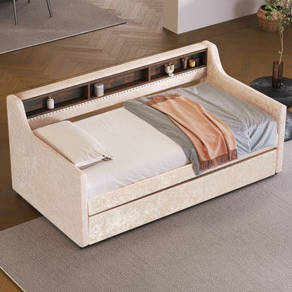 Twin Size Snowflake Velvet Bed with Built-in Storage Shelves, Beige