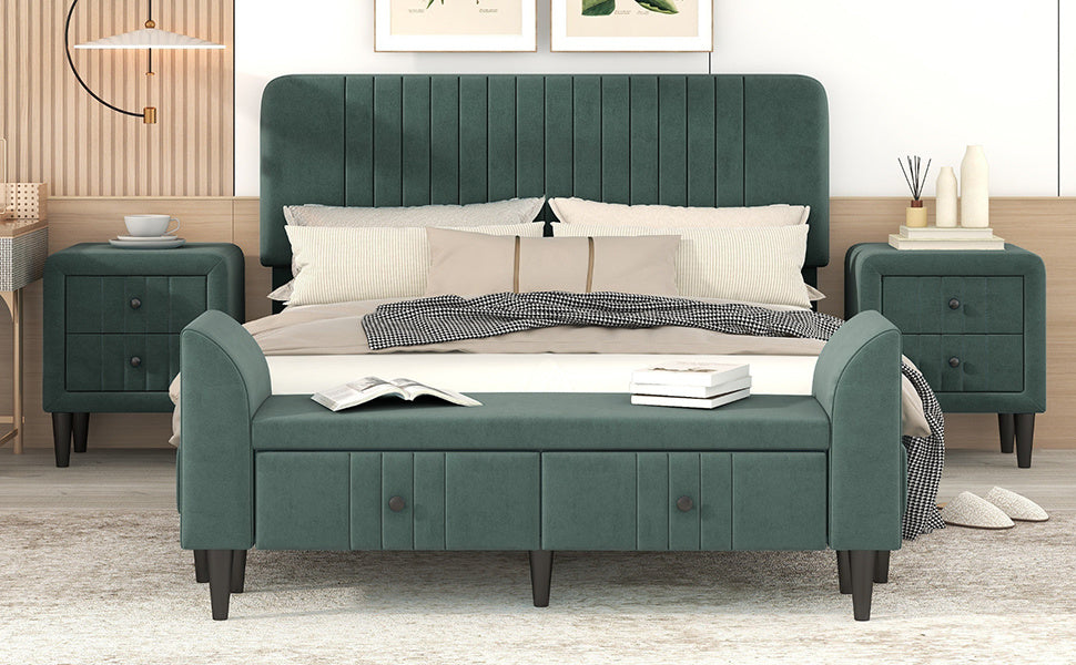 4-pieces upholstered bedroom sets with two nightstands and storage bench-green