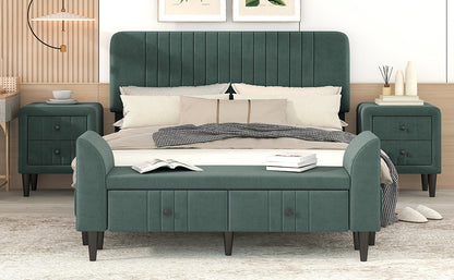 4-Pieces Upholstered Bedroom Sets with Two Nightstands and Storage Bench-Green