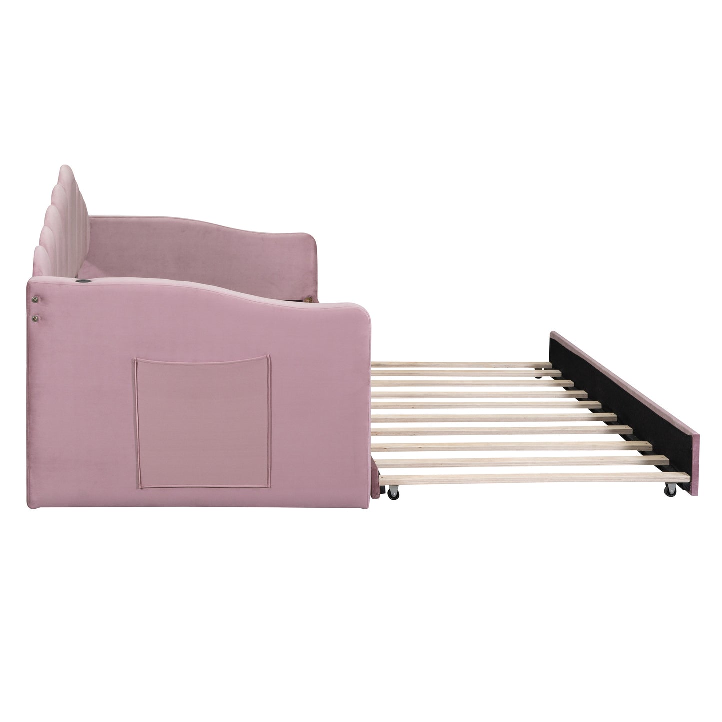 upholstered daybed with trundle & usb charging ports, pink