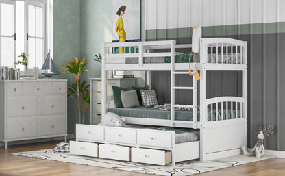 Twin over Twin Wood Bunk Bed with Trundle and Drawers,White