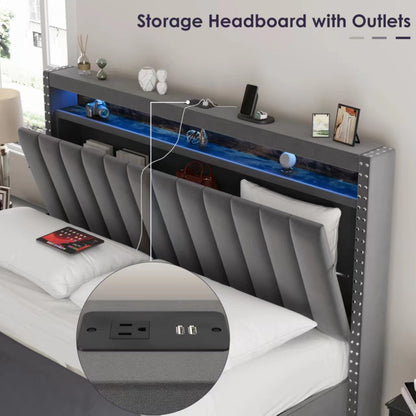 Luxury Gas Lift Storage Bed with RF LED Lights & Storage Headboard ,Grey