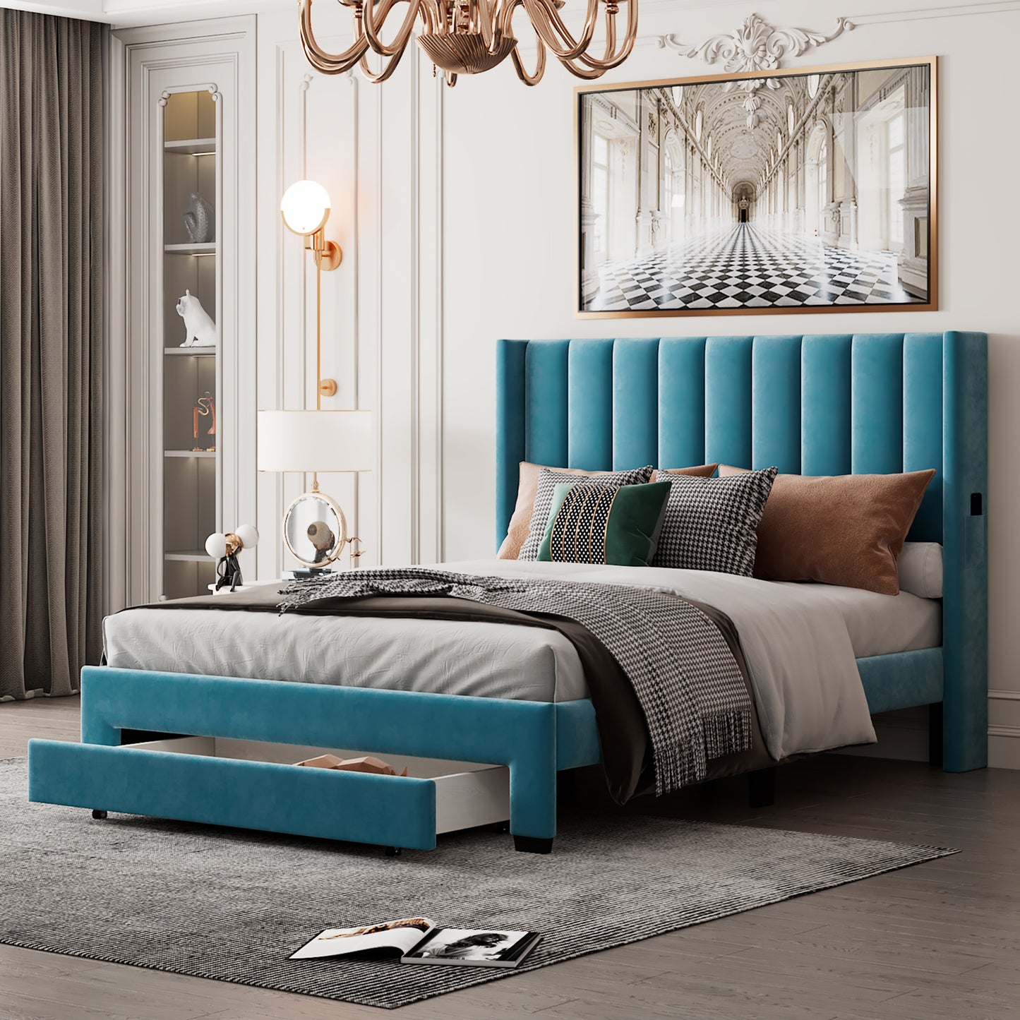 velvet upholstered platform bed with a big drawer