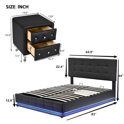 3-Pieces Upholstered Bedroom Sets with LED Lights ,Hydraulic Storage System, and USB Charging Station