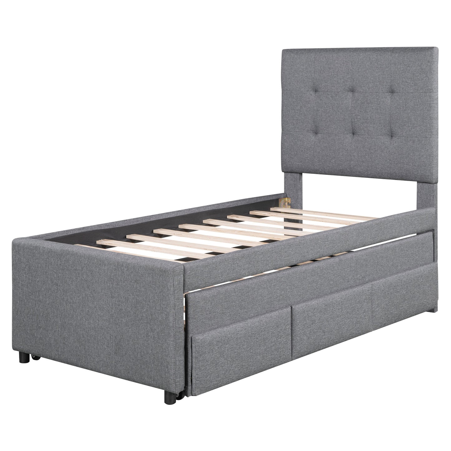 upholstered platform bed with pull-out twin size trundle and 3 drawers, gray