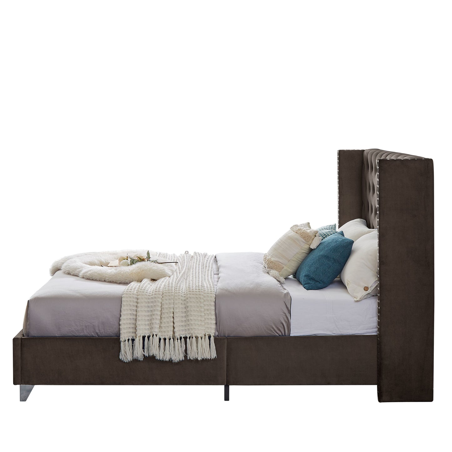 ashley brown upholstered bed  + metal legs with electroplate