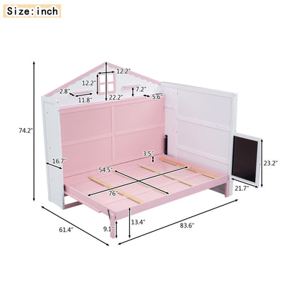 House Murphy Bed with USB, Storage Shelves and Blackboard, Pink+White