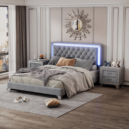 3-Pieces Upholstered Platform Bed with LED Lights and Two Nightstands-Gray