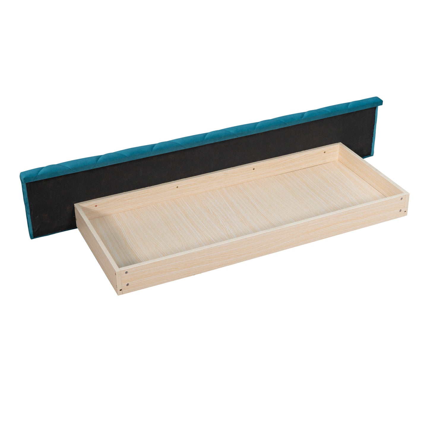 upholstered platform storage velvet bed with wingback headboard, blue