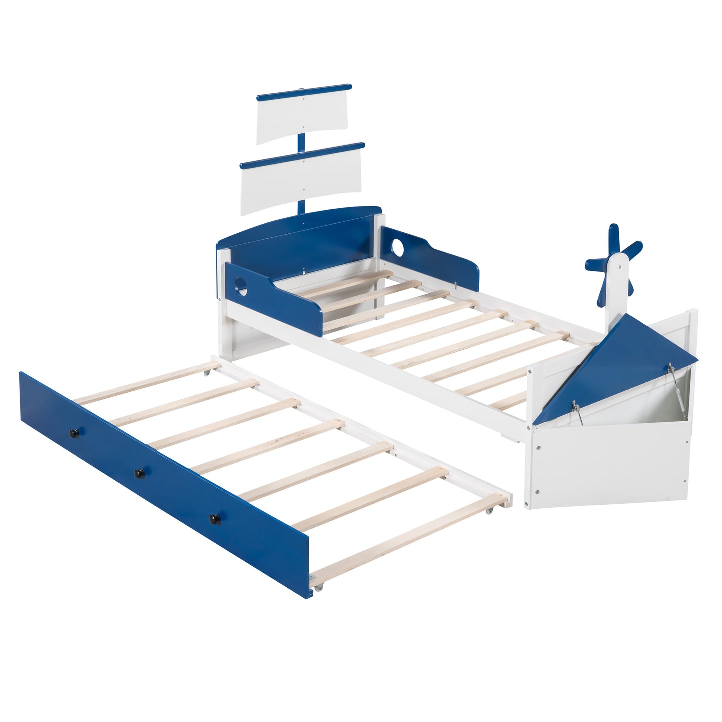 boat-shaped  bed with twin size trundle & storage, blue