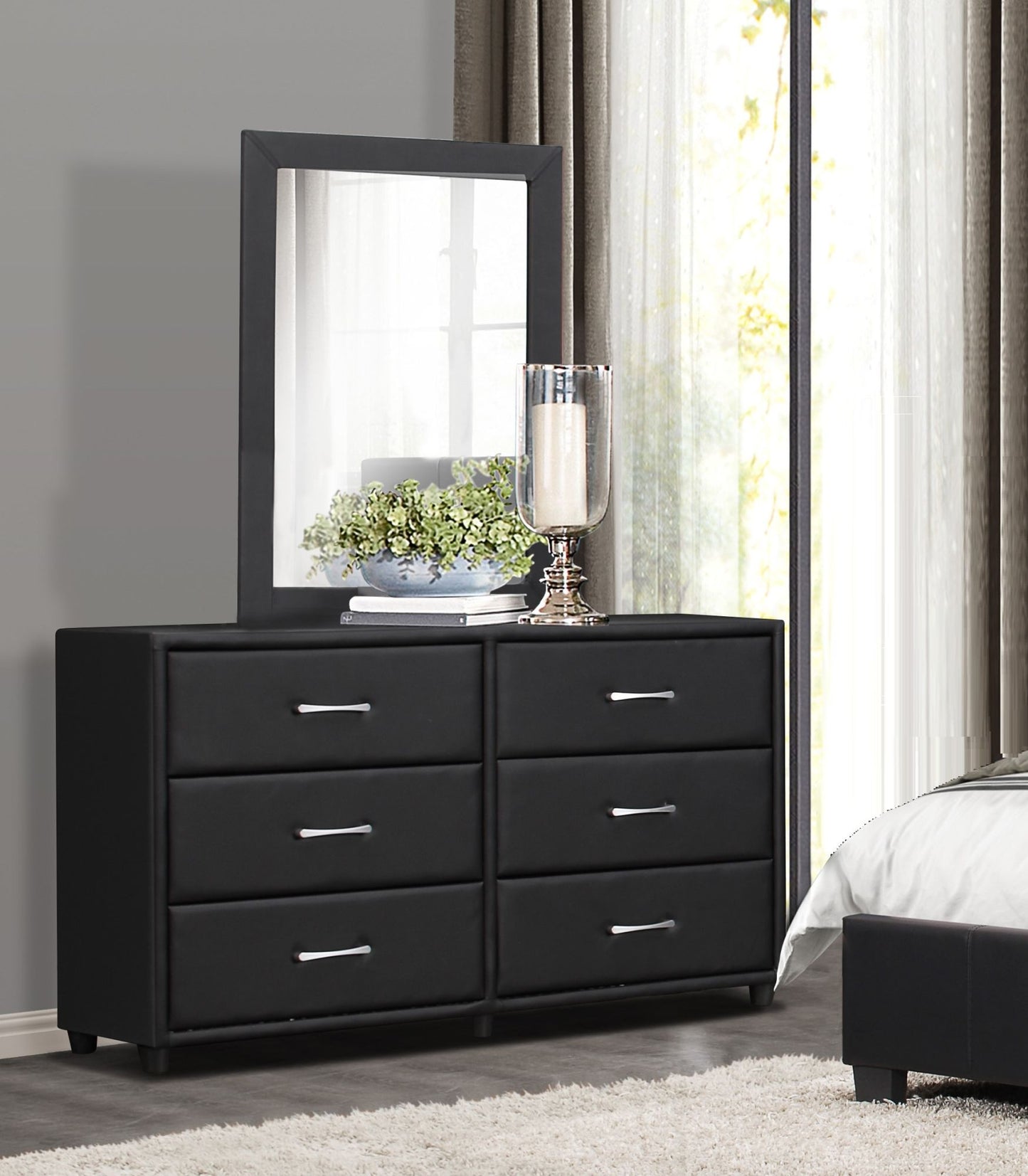 contemporary design black dresser 1pc 6x drawers faux leather upholstery plywood engineered wood