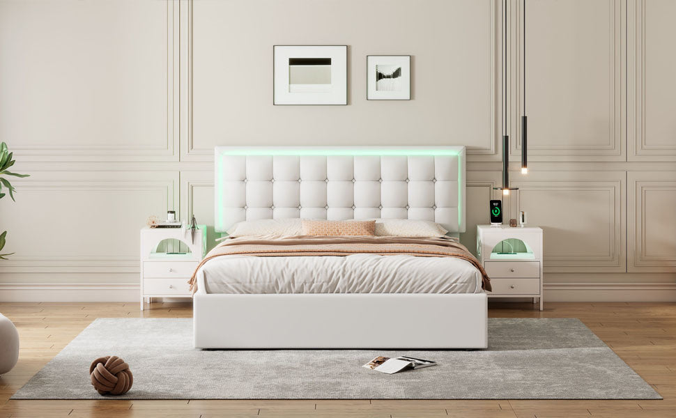 tufted upholstered platform bed with hydraulic storage system & pu storage bed with led lights