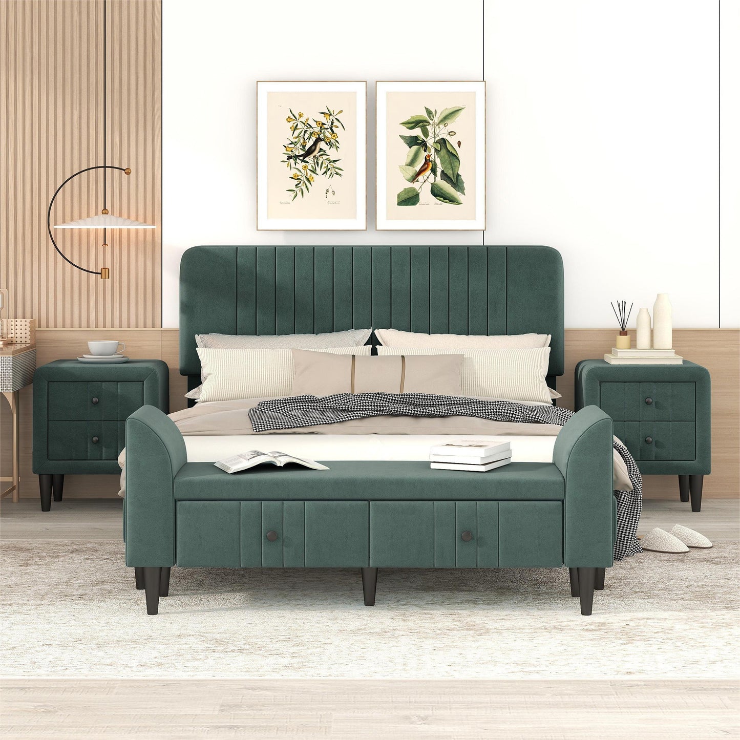 4-pieces upholstered bedroom sets with two nightstands and storage bench-green