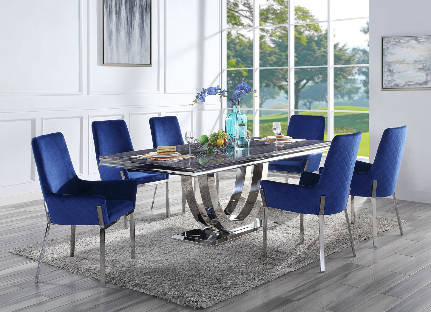 acme cambrie dining table in faux marble & mirrored silver finish
