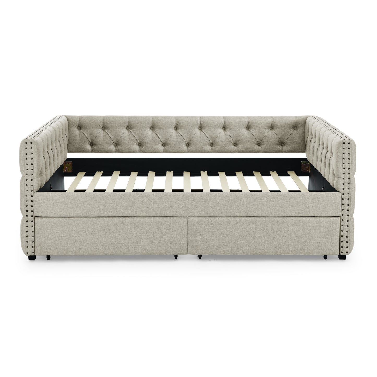 upholstered full size bed with two drawers, beige