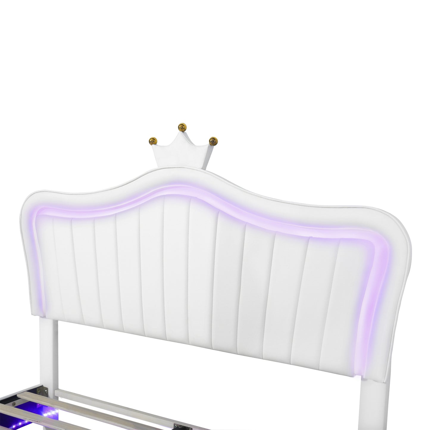 modern upholstered princess bed with crown headboard and led lights, white