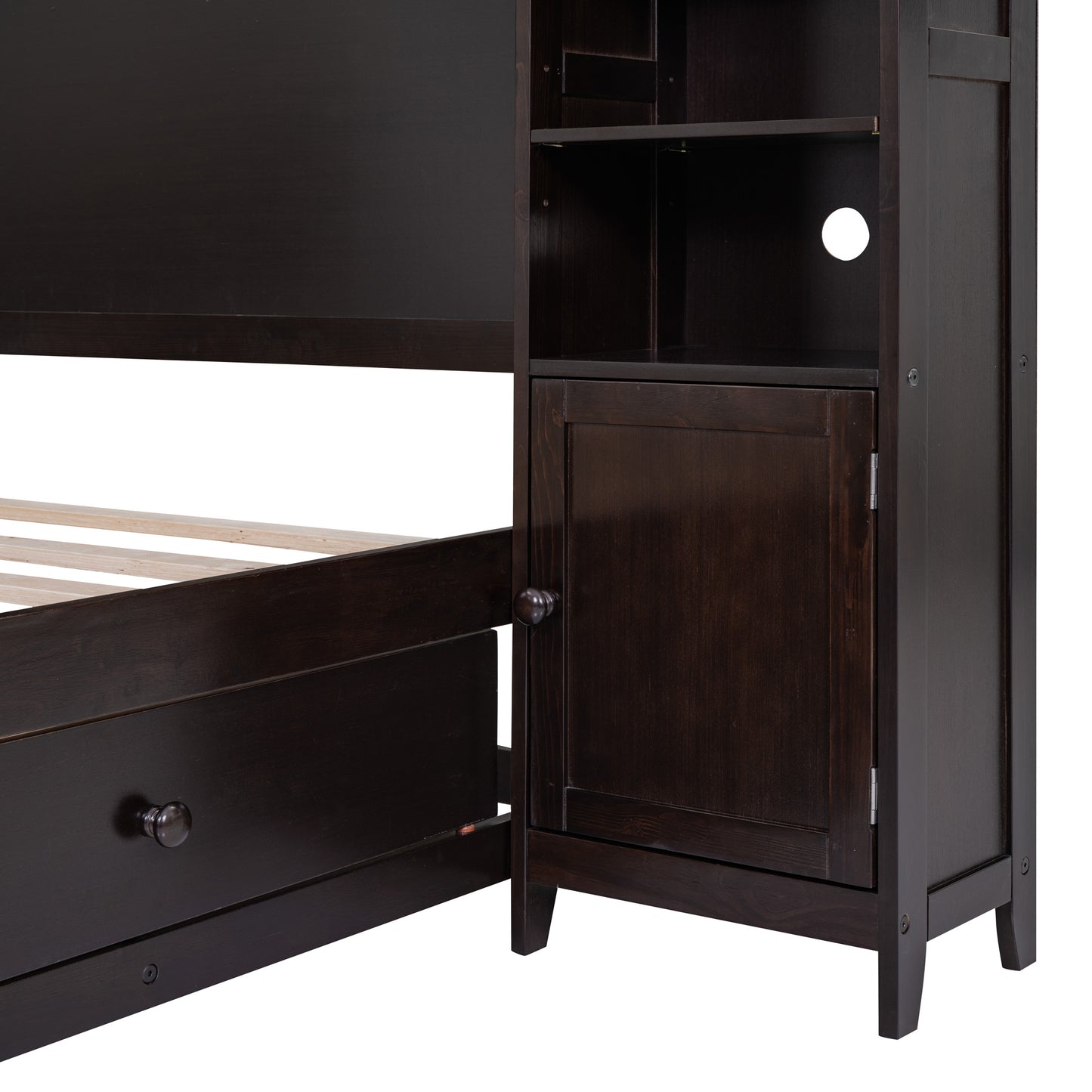 wooden bed with all-in-one cabinet and shelf