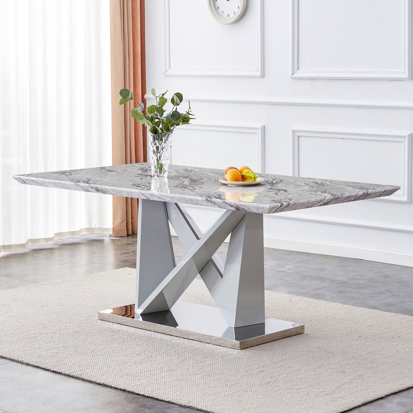 mdf faux marble dining table with white double v-shaped support