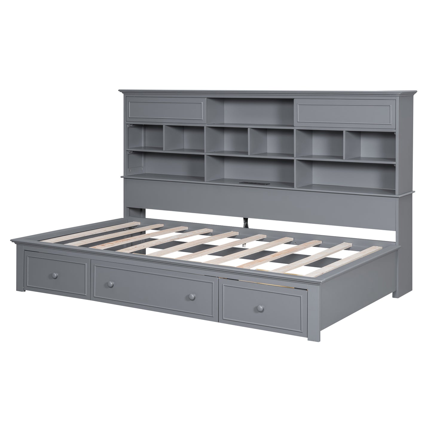 wood bed with multi-storage shelves, charging station and 3 drawers, gray