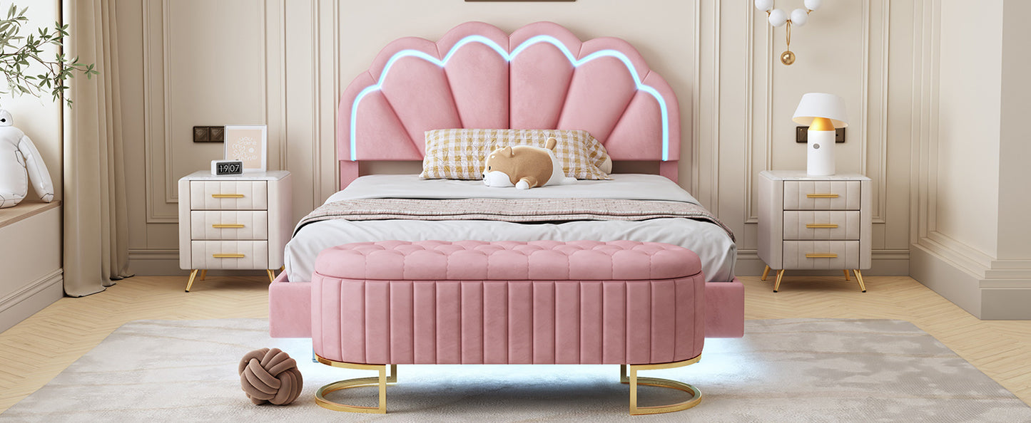 velvet upholstered led platform bed with storage ottoman, pink