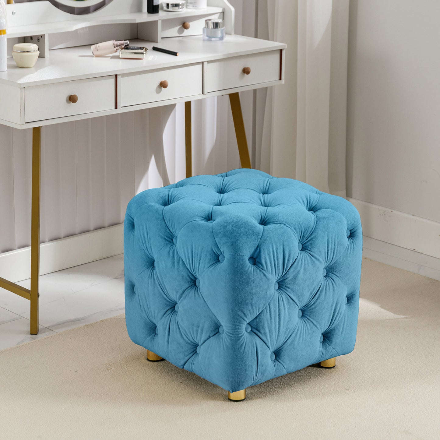 blue modern velvet upholstered ottoman