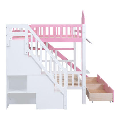 Full-Over-Full Castle Style Bunk Bed with 2 Drawers 3 Shelves and Slide - Pink