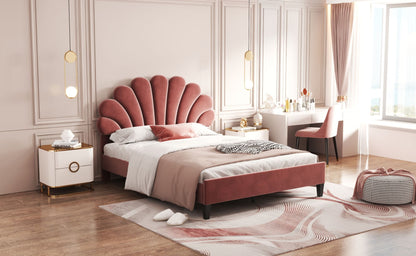 Upholstered Bed with Flower Pattern Velvet Headboard,