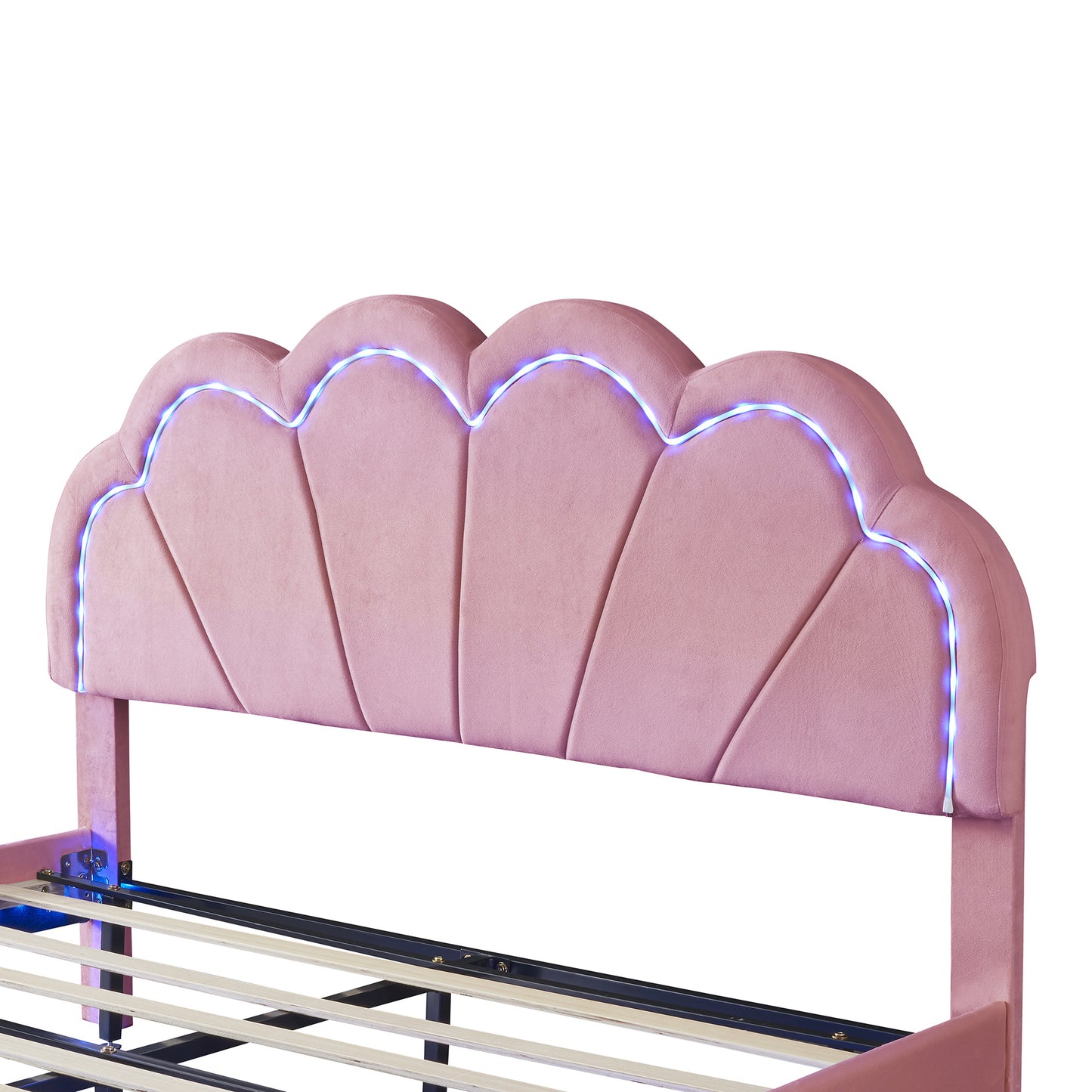 upholstered led platform bed with storage ottoman