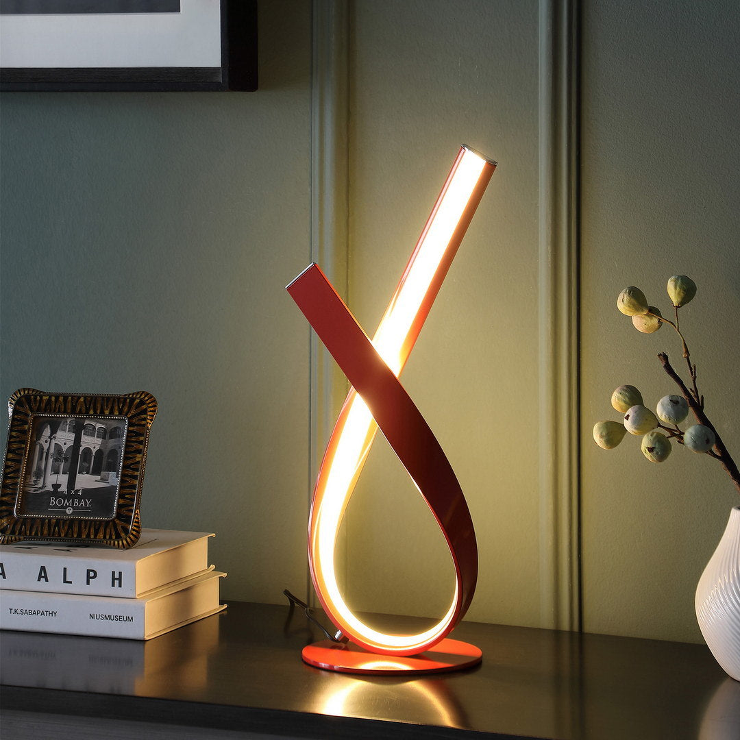 17" in abstract upright ribbon bow led red metal table lamp
