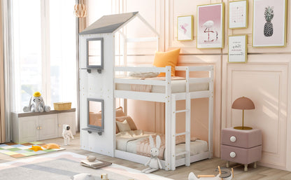 Twin Over Twin Bunk Bed Wood Bed with Roof, Window, Guardrail, and Ladder