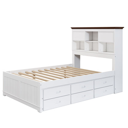 Wooden Captain Bed with Trundle and Nightstand, White+Walnut