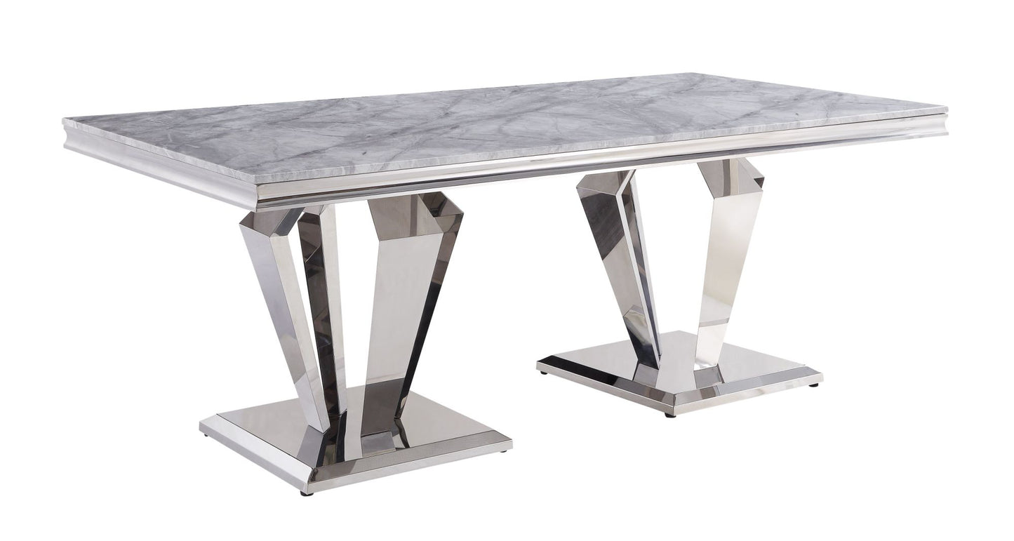 acme satinka dining table, light gray printed faux marble & mirrored silver finish