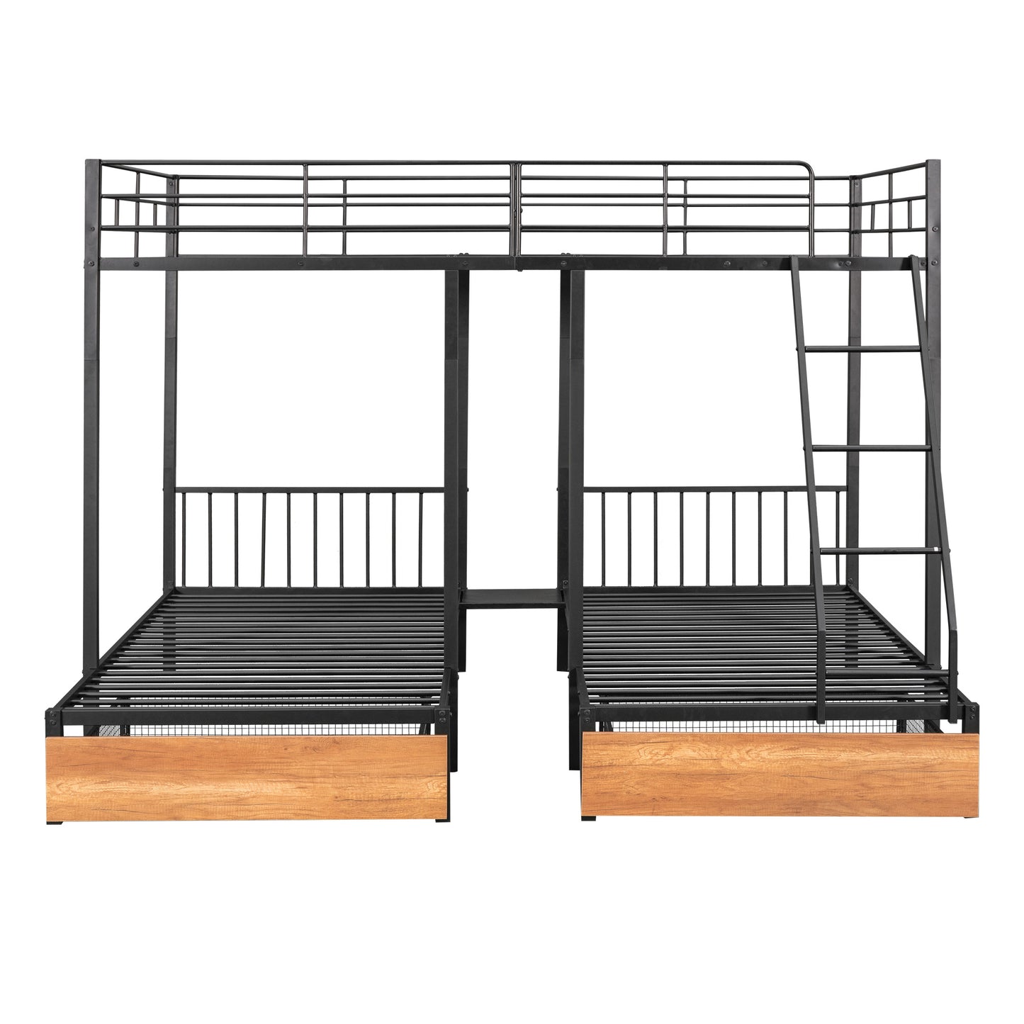 full over twin & twin bunk bed with drawers and guardrails, black