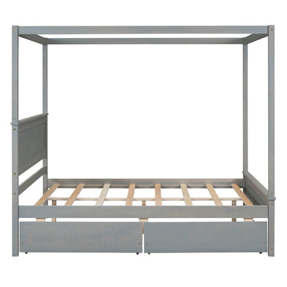Wood Canopy Bed with two Drawers, Grey