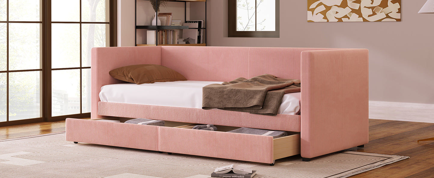 corduroy bed with two drawers and wood slat, pink