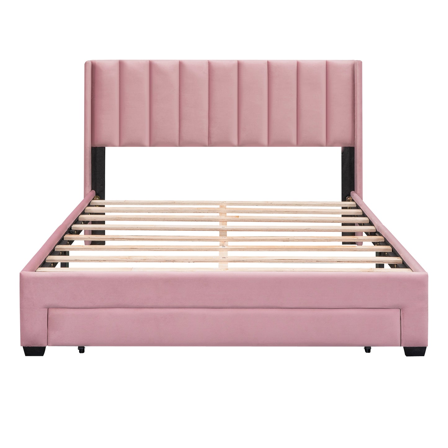 velvet upholstered platform bed with a big drawer - pink